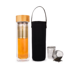 Botellas de agua de infusor de filtro de té de vidrio de tapa de bambú de doble pared de 450 ml